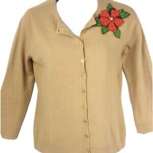 NY & Co Classic Style Cardigan Sweater Beige XS Knit Flower Applique 3/4 Sleeve